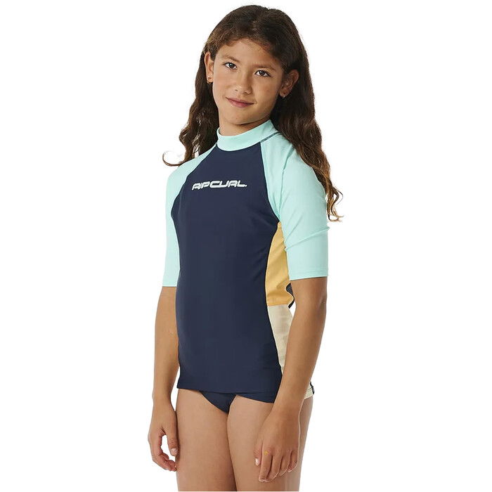 2024 Rip Curl Girls Block Party Short Sleeve Rash Vest 12QGRV - Navy